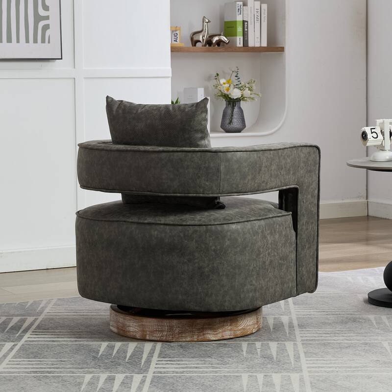 PU Leather Swivel Barrel Chair, Comfy Upholstered Leisure Armchair, Single Sofa Chair with Open Back & Rubber Wood Base
