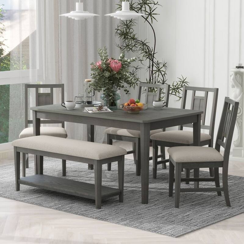 Minimalist 6-piece Dining Set Dining Table and 4 Upholstered Chairs & 1 Bench with a Shelf for Dining Room