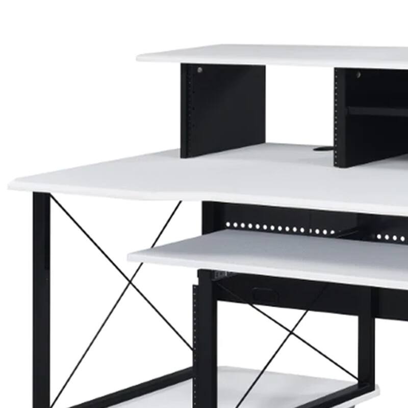 72 Inch Music Desk Workstation, Crossed Metal Panels, Keyboard Tray, White
