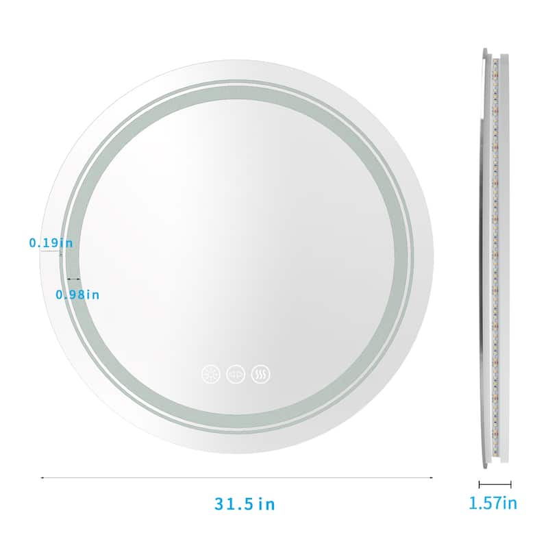 Frameless LED Lighted Round Bathroom Vanity Mirror Dimmable Anti-Fog