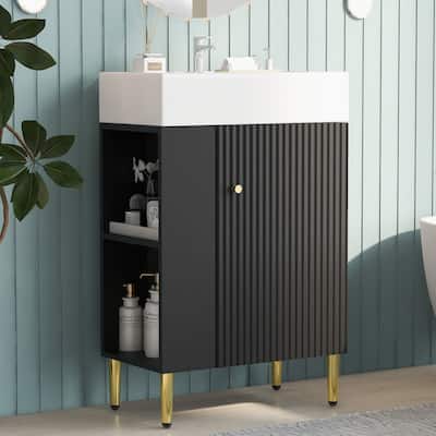 21.6" Small Bathroom Vanity Cabinet with Ceramic Sink & Side Storage
