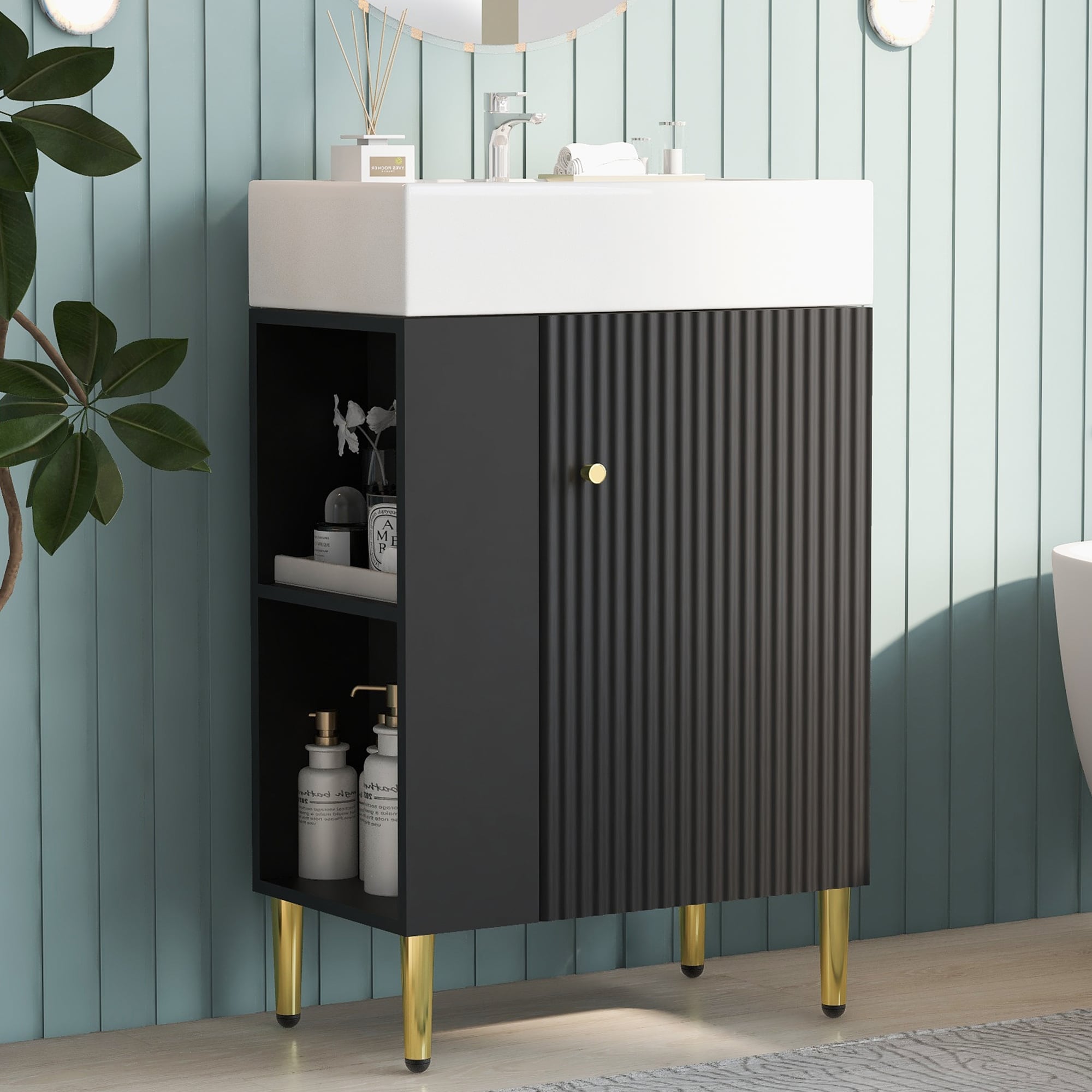 21.6" Small Bathroom Vanity with Sink, Modern Bathroom Vanity Cabinet with Single Ceramic Sink & Left Side Storage, Black
