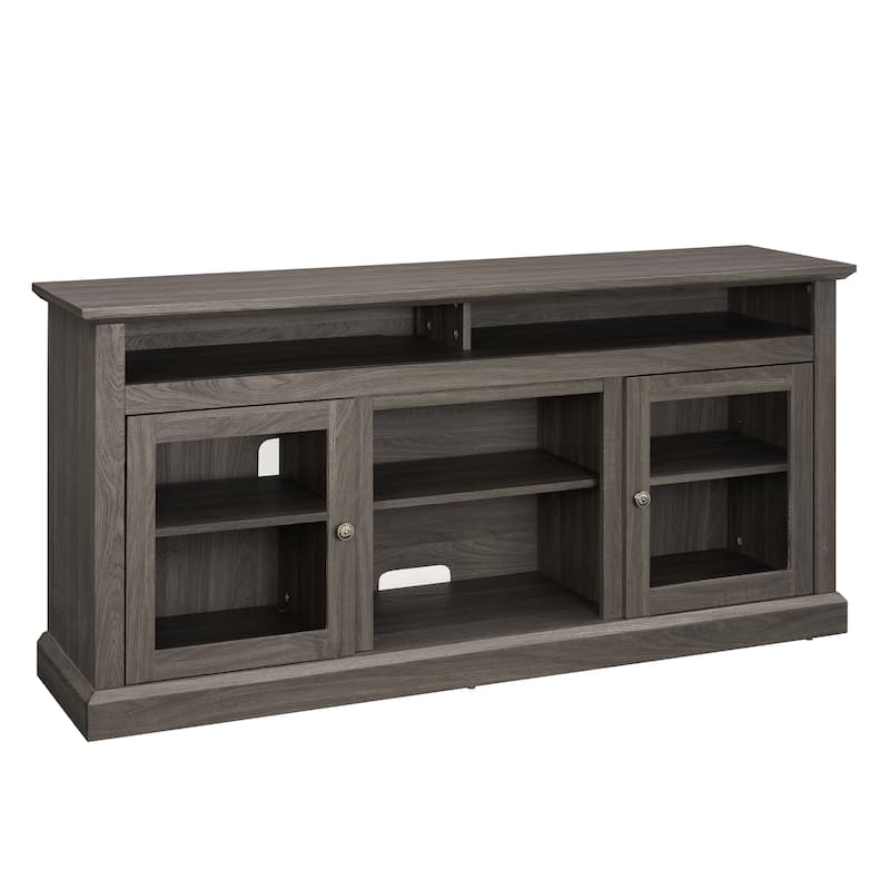 Black + Dark Walnut 60" Modern TV Stand with Shelves & Glass Cabinets for TVs Up to 65"