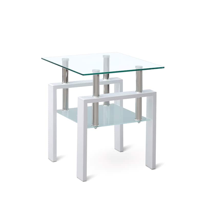 White Two-Tier Tempered Glass End Table with Storage‌