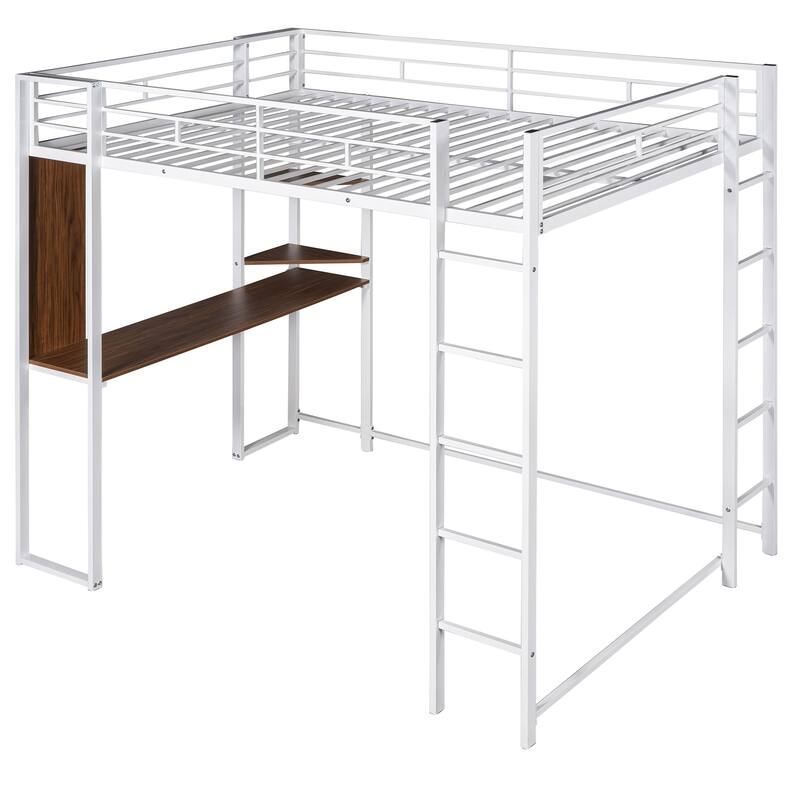 Full Size Metal Loft Bed with Desk and 2 Shelves, White