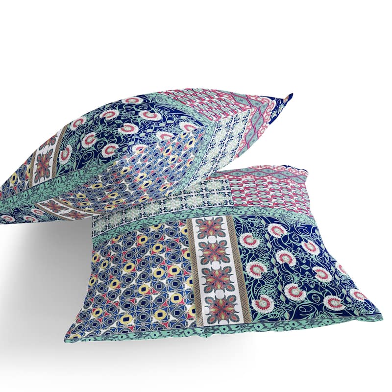 HomeRoots Set of Two 16" X 16" Blue and Pink Blown Seam Floral Indoor Outdoor Throw Pillow - 16.00' X '16.00' X '5.00