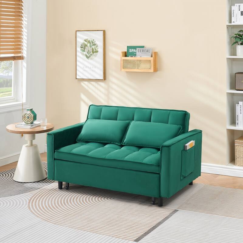 55" Green Velvet Sofa Bed with Convenient Pockets, Three-in-One Conversion