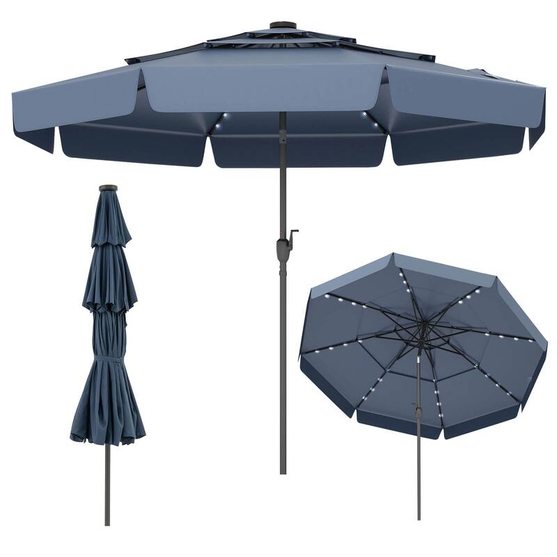 10 FT Solar LED Patio Umbrella 3-Tiers Scalloped Outdoor Umbrella - Navy