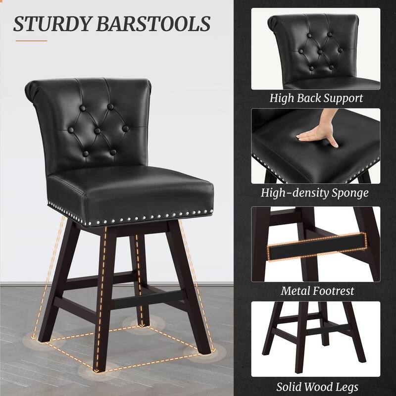 26 in. Set of 3 Upholstered Bar Stools Counter Height Barstool 360° Swivel with Curved Backrest, Armless Stool