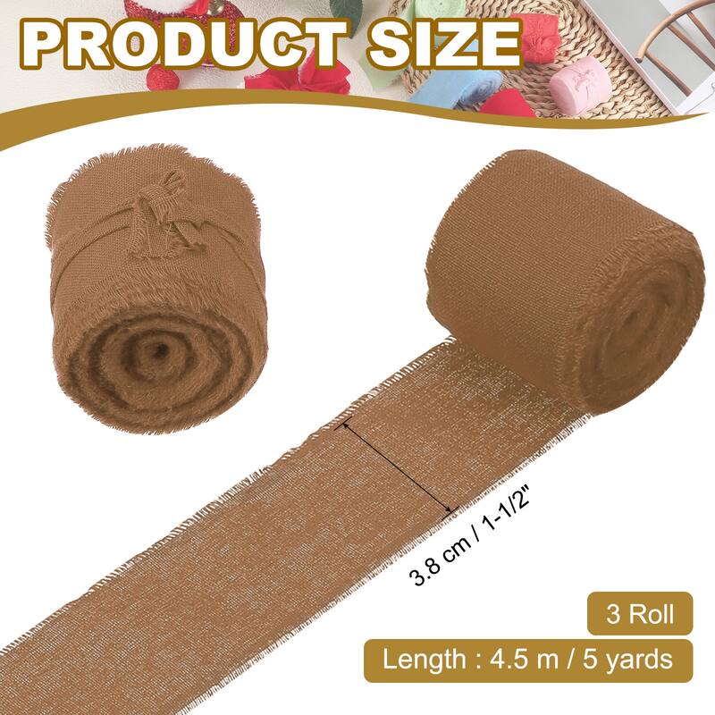 1-1/2"x15 Yd Handmade Fringe Cotton Ribbon Frayed Ribbons 3 Roll - 5Yd - Caramel