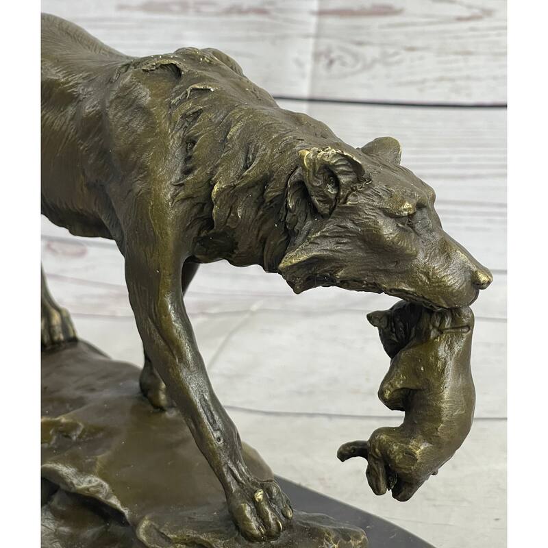 Wolf Carrying Cub Bronze Metal Statue Sculpture Marble Base 9 Inches X 11 Inches