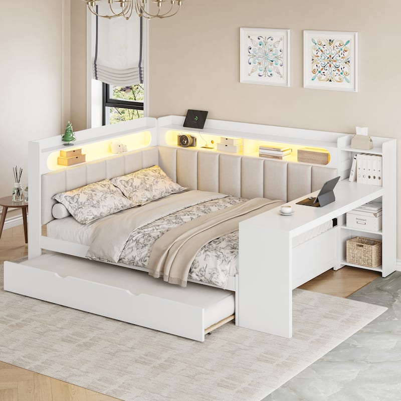 Full Size Daybed with Storage Shelves Built-in Charging Station LED Light, L-shape Upholstered Frame Sofa Bed with Cabinet, Desk