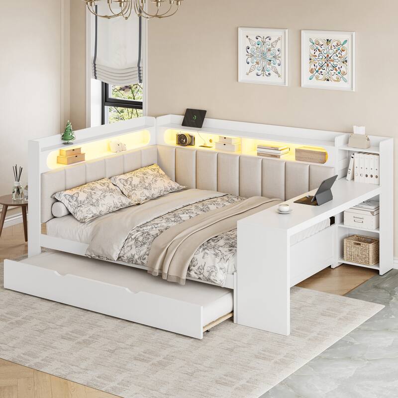 Roomfitters Full Daybed with Trundle, Charging Station and Upholstered Headboard