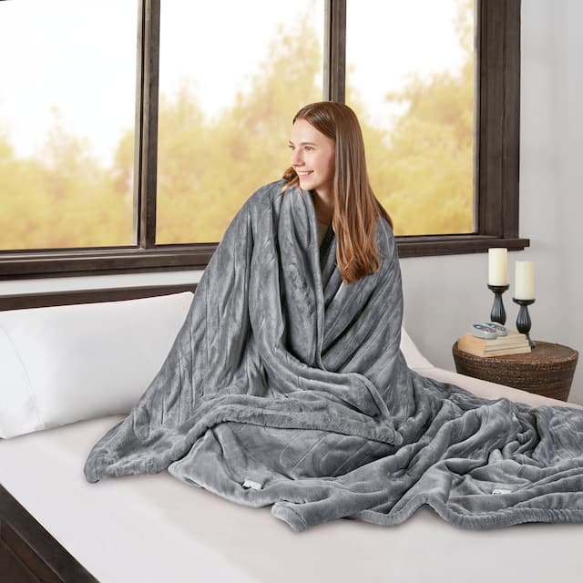 Beautyrest Solid Microlight to Berber Heated Blanket - Full - Grey