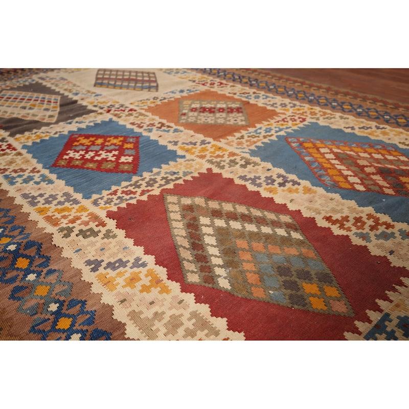 Kilim Qashqai Persian Vintage Rug Hand-Woven Beige Wool Carpet - 5'5"x 8'3"