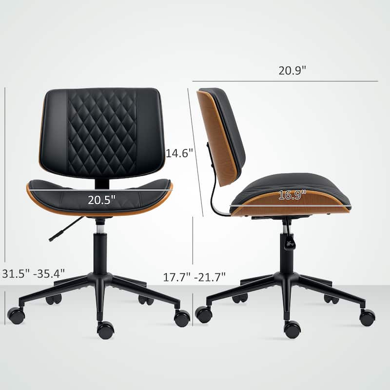 HOMCOM Home Office Chair No Arms with Wheels, PU Leather Mid Back Small Desk Chair with Adjustable Height, 360 Degree Swivel
