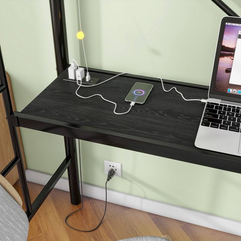 Metal Loft Bed with Desk,Power Outlet and LED Lighted,Twin Size