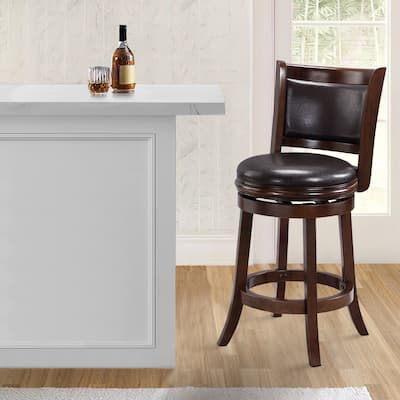 Pal 24 Inch Swivel Counter Stool, Solid Wood, Faux Leather, Cappuccino Brown