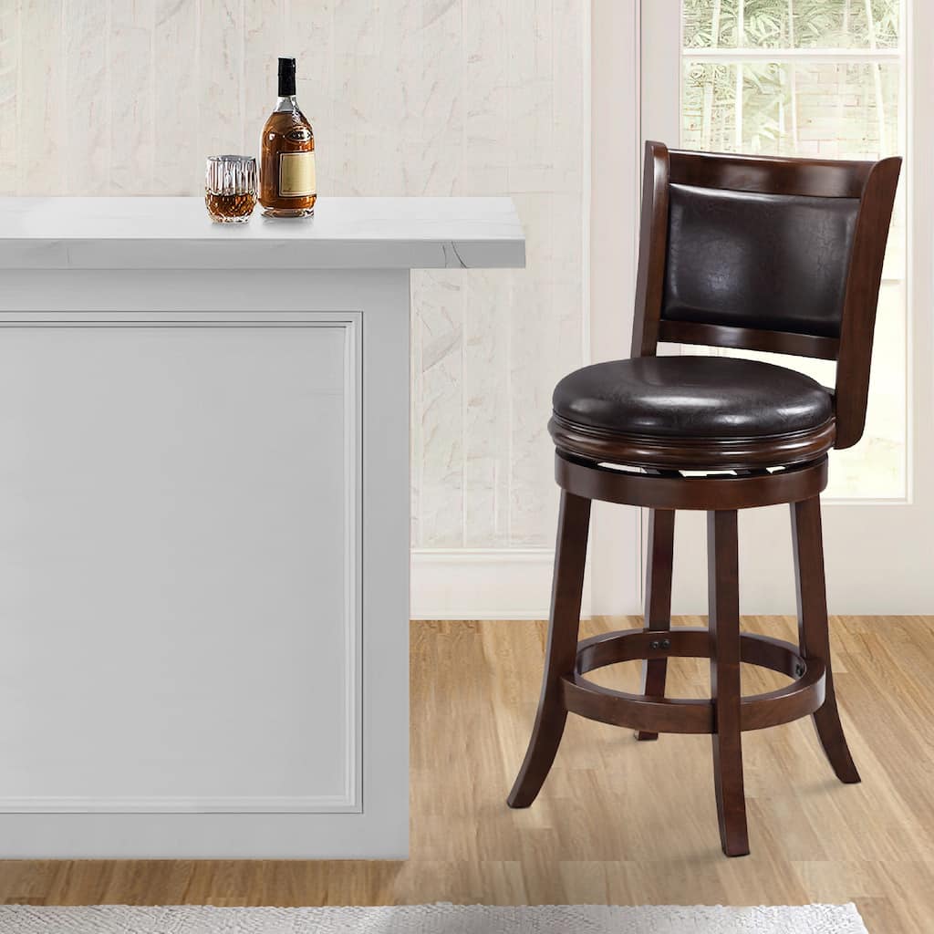 Pal 24 Inch Swivel Counter Stool, Solid Wood, Faux Leather, Cappuccino Brown