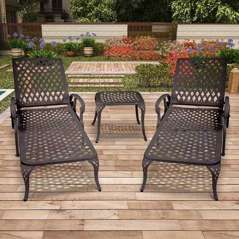 3-Piece Aluminum Reclining Outdoor waterproof Chaise Lounge with Wheels And Table - Bronze