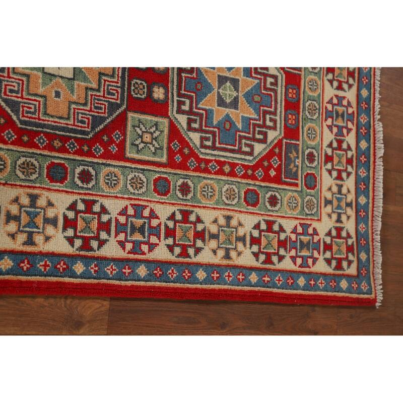 Geometric Kazak Runner Rug Hand-Knotted Oriental Red Wool Carpet - 2'9" x 9'11"