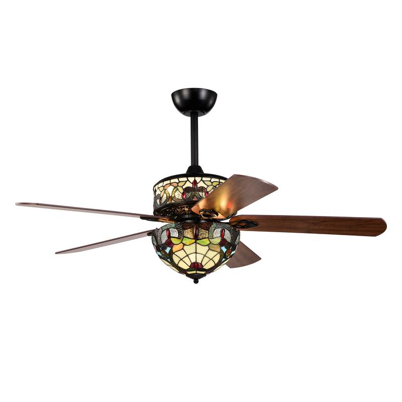 Inio 5-Blade Lighted Ceiling Fan 2-Tier Tiffany Style Glass