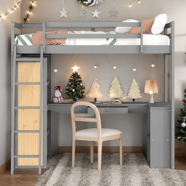 slide 2 of 9, Twin Size Multi-function Loft Bed With Ladder,Shelves and Desk,Solid Construction Grey