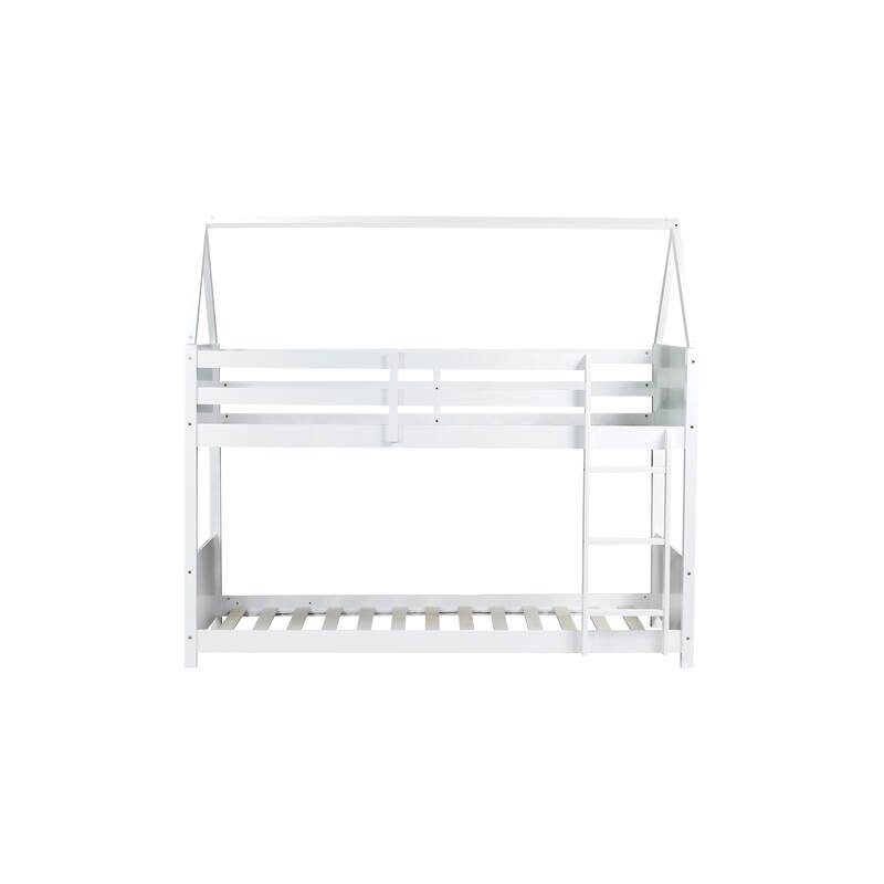 Twin Over Twin House Bunk Bed with Playful Roof Design Safety Guardrails & Ladder (250lb Capacity)
