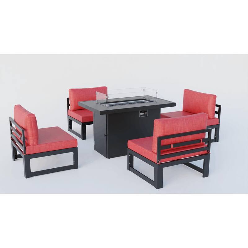 LeisureMod Chelsea 5-Piece Outdoor Patio Chairs and Fire Pit Table Set