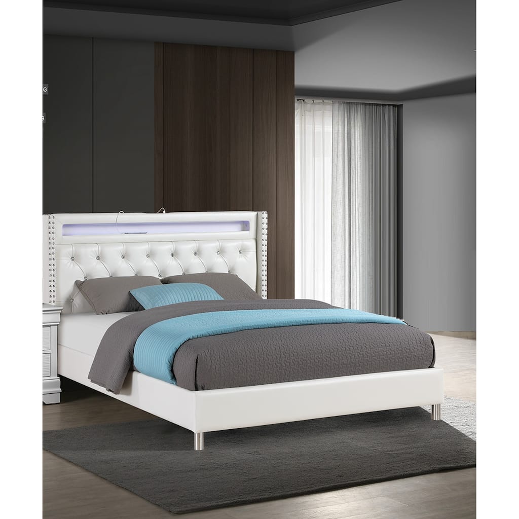 Contemporary Style 1pc Bed Set LED Light USB Port Nailhead Trim Tufted Headboard White Finish Bedroom Furniture