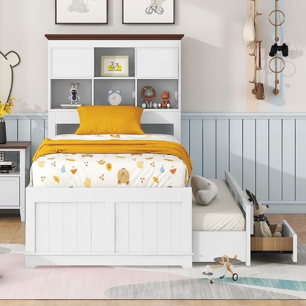 slide 2 of 23, Captain Bed with Bookcase Headboard, Solid Wood Storage Platform Bed with Trundle & 3 Storage Drawers, for Kids Girls Boys White+Walnut - Twin