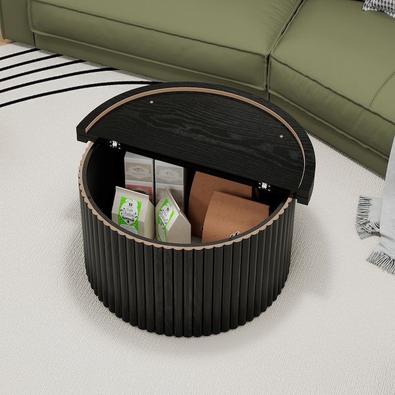 Round Coffee Table with Wood Grain Vertical Stripes, Small Fluted Circle Side Table, Center Table with Adjustable Feet