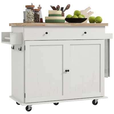 Rolling Kitchen Island Cart on Wheels with Drawer, 2 Cabinets, Rubberwood Top, Spice Rack, Towel Racks and 2 Hooks