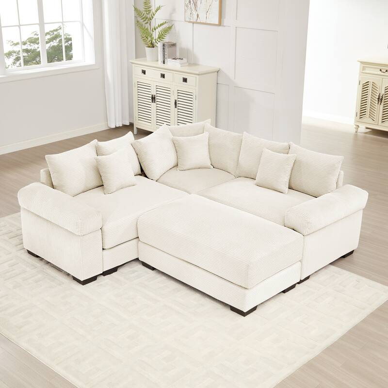 3-Seat Convertible Cloud Corduroy Modular Sofa with 10 Throw Pillows - Cream-with 1 Ottoman