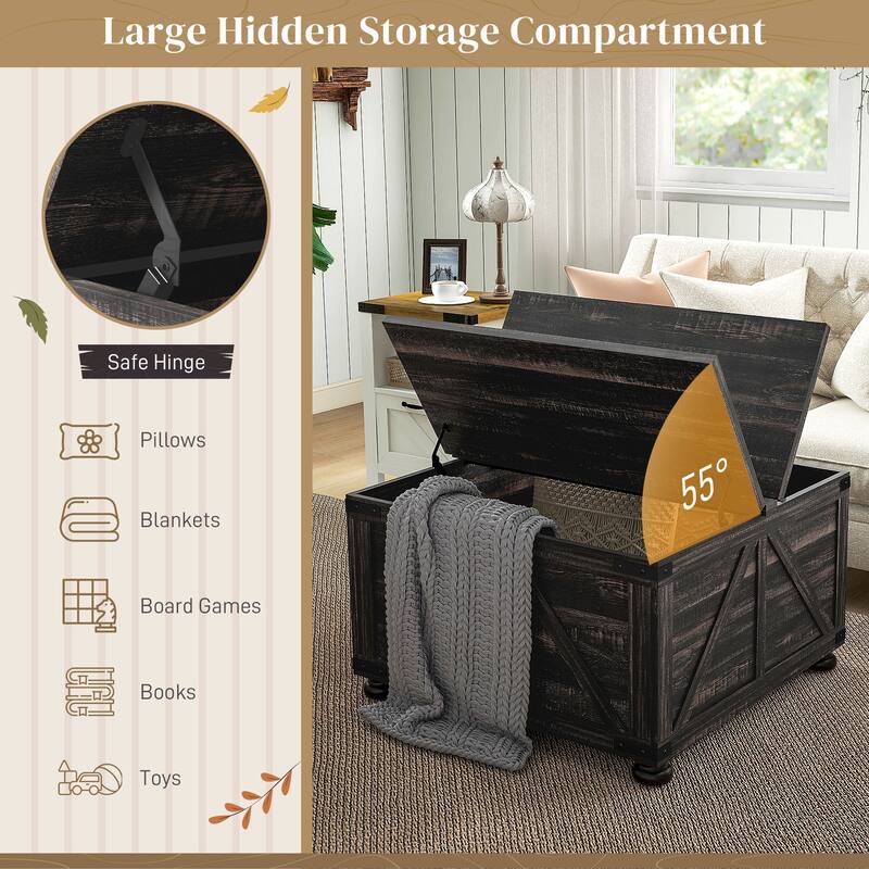 Farmhouse Square Coffee Table with Storage for Living Room, Center Table with Hinged Flip Lift Top and Hidden Space