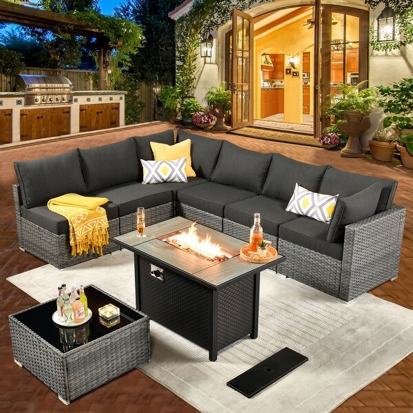 HOOOWOOO 8-piece Grey Wicker Patio Furniture Sectional Set with