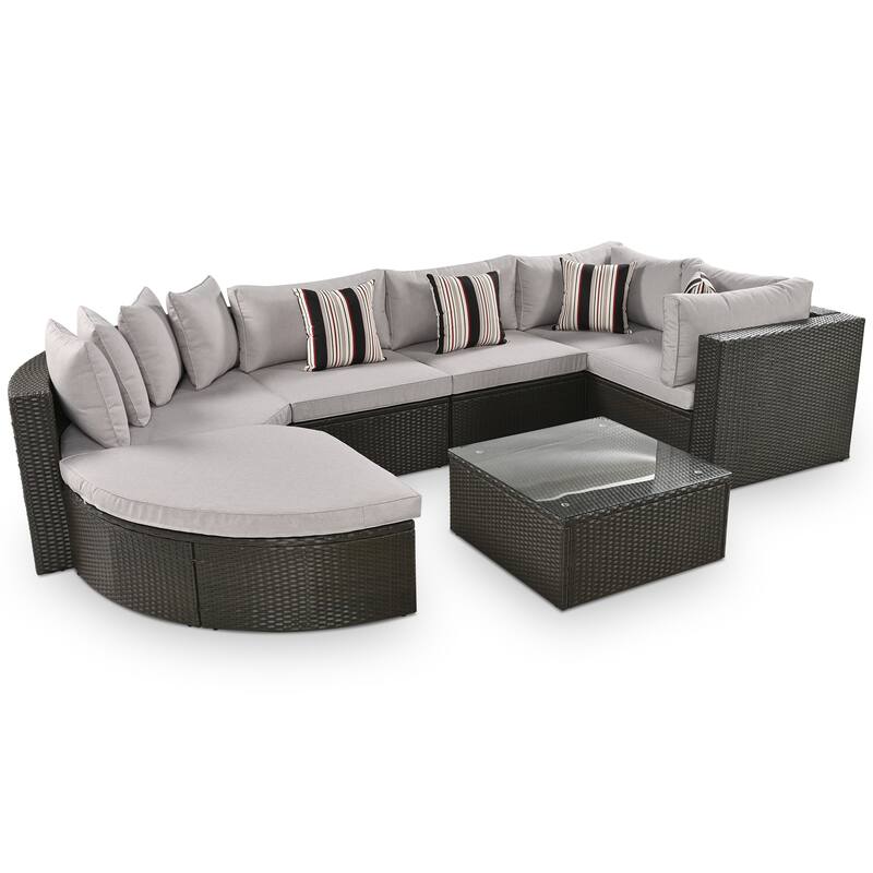 7-Piece Outdoor Patio Sectional Sofa Set with Coffee Table and Striped Pillows, Free Combination