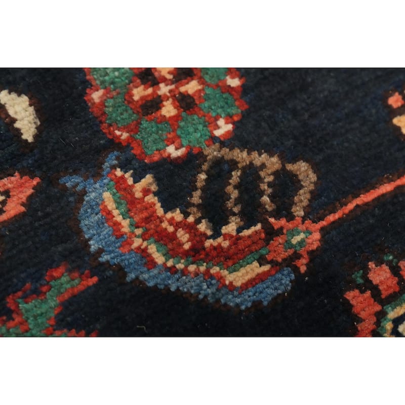 Hand Knotted Oriental 100% Wool Carpet Traditional Geometric Navy Blue & Blues Hamedan Runner Rug - 9' 7'' X 3' 6''