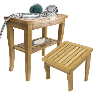 Bamboo Waterproof Shower Bench and Foot Stool Set for Inside Shower