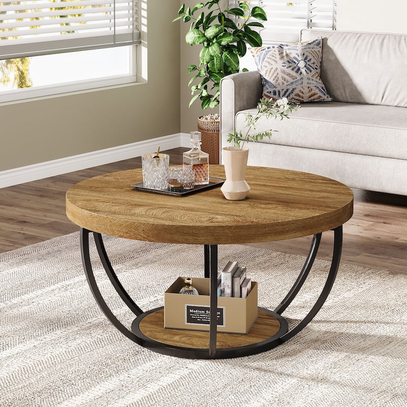 31.7" Round Coffee Table, Rustic 2-Tier Center Table with Storage Open Shelves - Natural Brown+Black