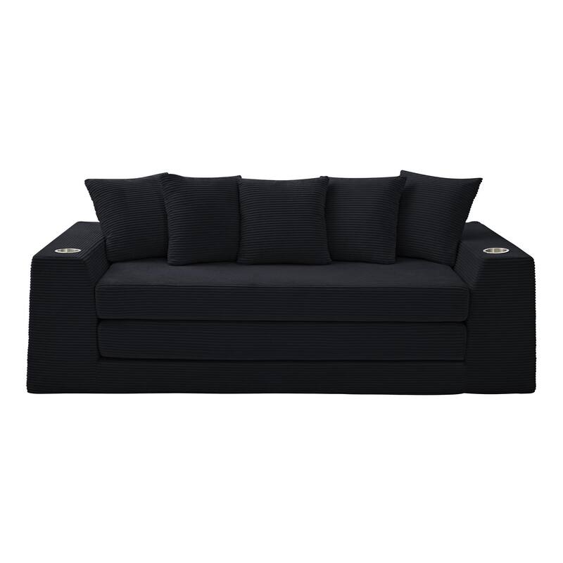Modern Convertible Loveseat Sofa Bed, Corduroy Fabric Foldable Floor Couch w/5 Pillows, Side Pockets & Cup Holders, No Assembly