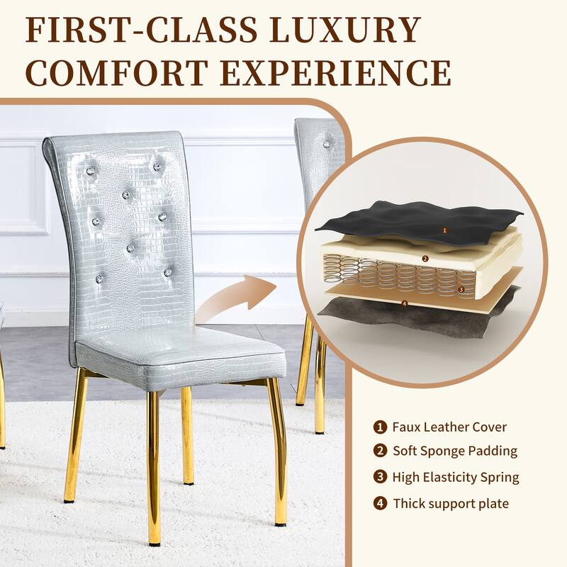 A set of 2 vintage crocodile leather cushioned dining chairs, featuring crystal clasp design and artificial leather design