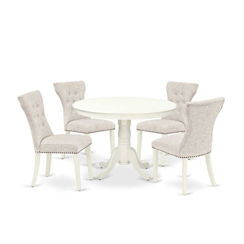 HomeStock 5-Piece Round Linen White Finish Solid Wood Top Dining Table with 4 Parson Chair with Lattice Back