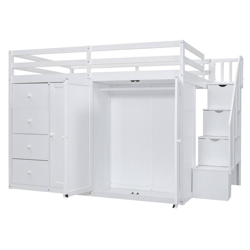 Full Loft Bed with Drawers, Shelves & Loft Bedframe w/ Built