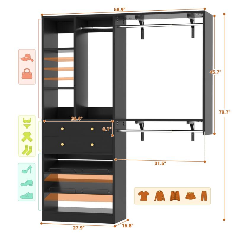 Grimm 5FT Small Closet System with Drawers, 60" Closet Organizer System with Reversible Hanging Shelving