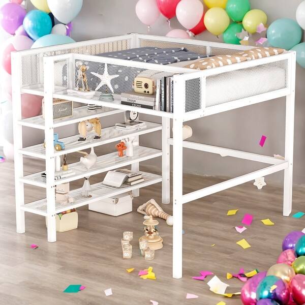 slide 2 of 10, Full Size Modern Style Metal Loft Bed with 4-Tier Shelves and Storage,Good Stability,Storage Space,Creative Structure,White White