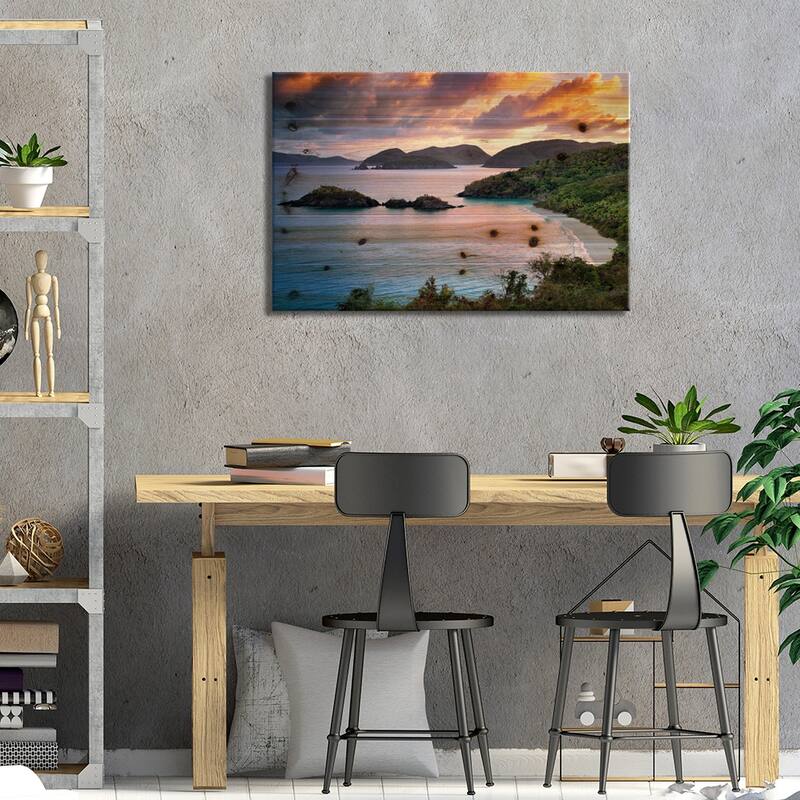 Trunk Bay Sunrise Print On Wood by Dennis Frates - Multi-Color