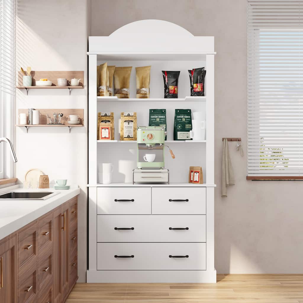 Coffee Cabinet with Hutch, Storage Drawers & Open Shelves, Kitchen Hutch Display Cabinet for Coffee Bar Pantry