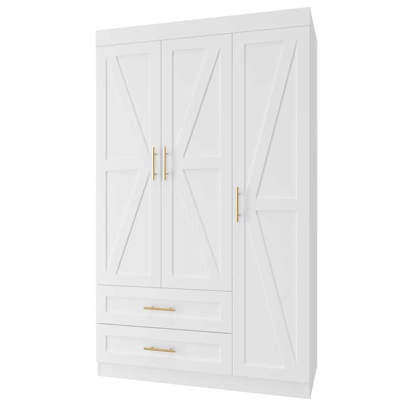 Classic Three-Door Wardrobe,Wood Bedroom Armoire with Hanging Rod and Shelves,Spacious Storage Closet,Modern Farmhouse Design