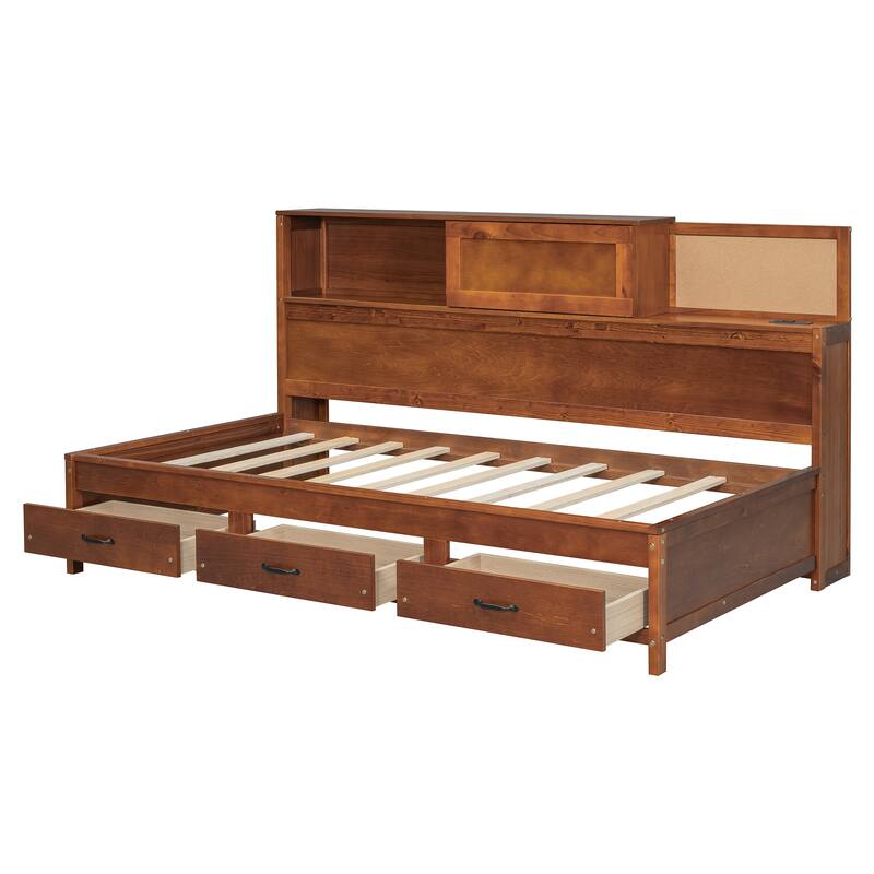 Twin Size Wooden Daybed with Storage Drawers, USB Ports, and Shelf, Walnut Finish